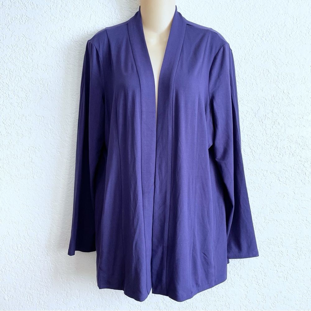 NEW Eileen Fisher LARGE Dark Purple Long Sleeve Viscose Jersey Open Cardigan